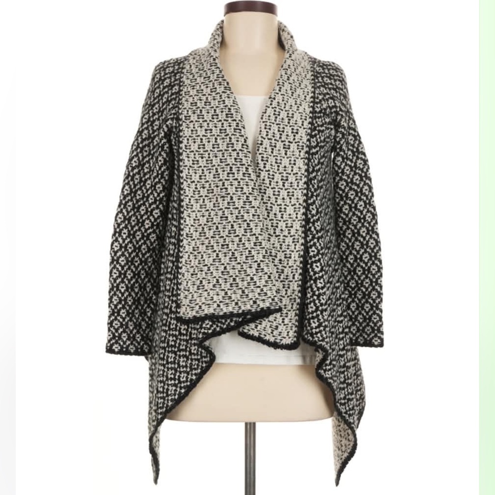 Zara Wool Blend Mosaic Open Front Black White Knit Cardigan Duster Sweater M